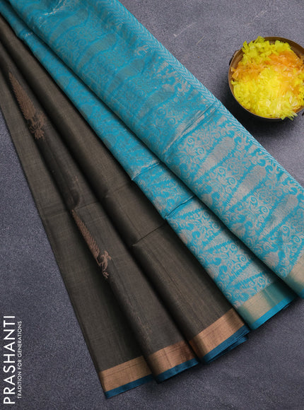 Kora silk cotton saree chikku shade and teal blue with allover zari woven buttas and zari woven border