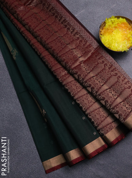 Kora silk cotton saree bottle green and deep maroon with allover zari woven buttas and zari woven border