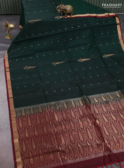 Kora silk cotton saree bottle green and deep maroon with allover zari woven buttas and zari woven border