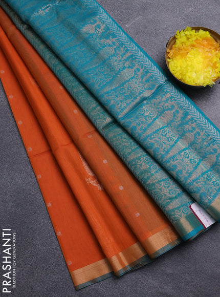 Kora silk cotton saree orange and teal blue with allover zari woven buttas and zari woven border