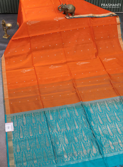 Kora silk cotton saree orange and teal blue with allover zari woven buttas and zari woven border