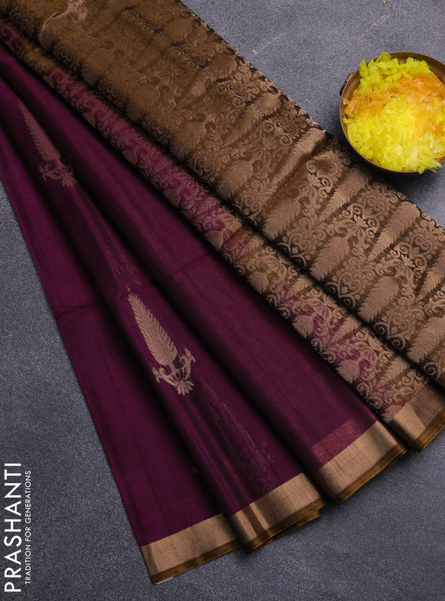 Kora silk cotton saree purple and dark mustard with allover zari woven buttas and zari woven border