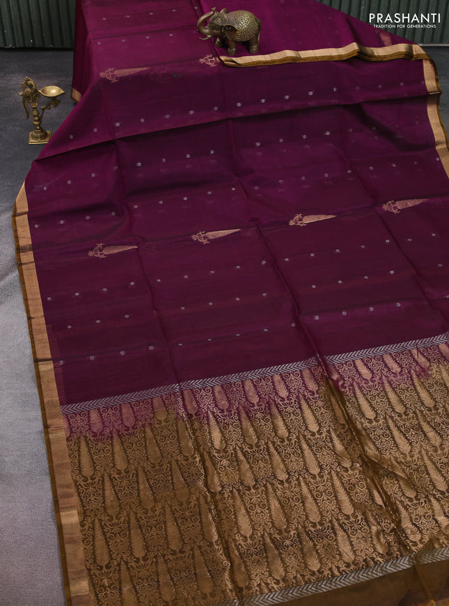 Kora silk cotton saree purple and dark mustard with allover zari woven buttas and zari woven border
