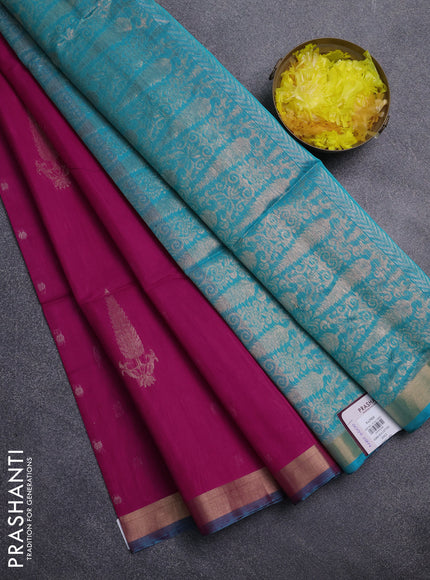 Kora silk cotton saree pink and teal blue with allover zari woven buttas and zari woven border