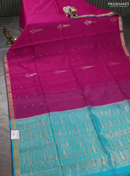 Kora silk cotton saree pink and teal blue with allover zari woven buttas and zari woven border