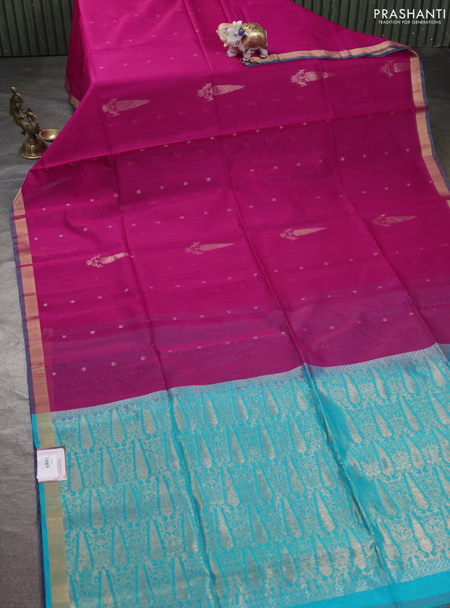Kora silk cotton saree pink and teal blue with allover zari woven buttas and zari woven border