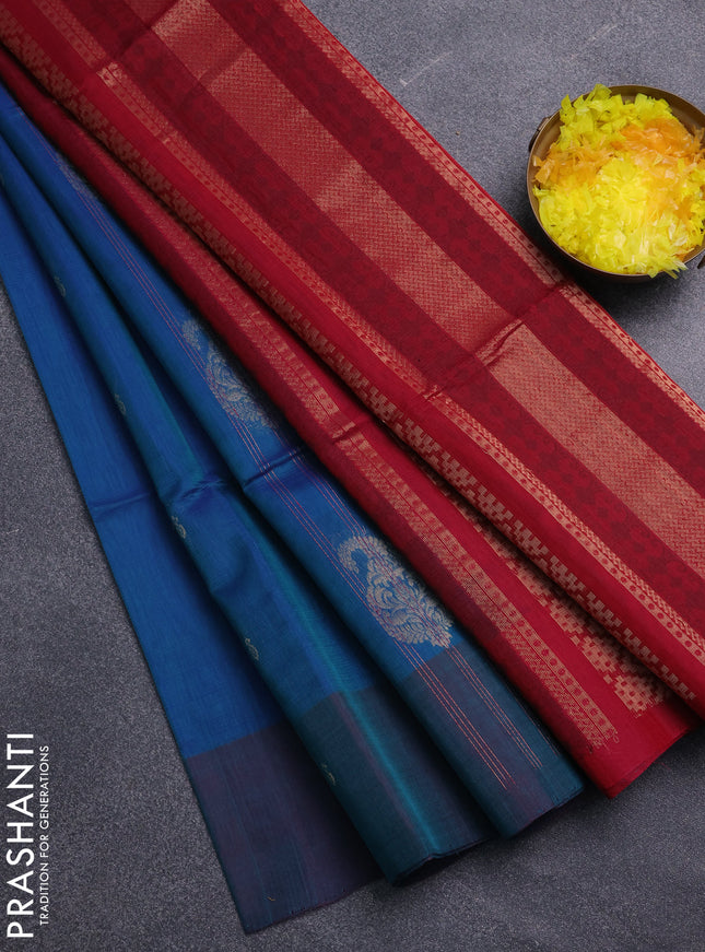 Kora silk cotton saree dual shade of blue and maroon with thread stripe pattern & zari woven buttas and zari woven butta border