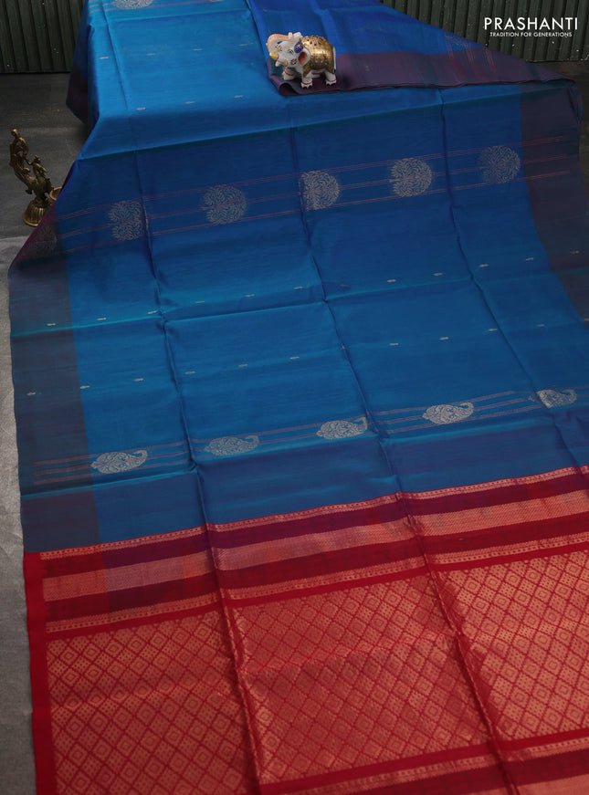 Kora silk cotton saree dual shade of blue and maroon with thread stripe pattern & zari woven buttas and zari woven butta border