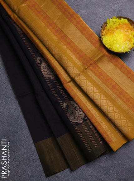 Kora silk cotton saree black and mustard yellow with thread stripe pattern & zari woven buttas and zari woven butta border