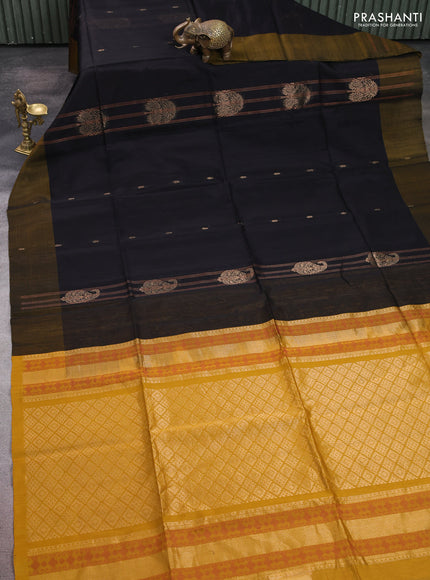 Kora silk cotton saree black and mustard yellow with thread stripe pattern & zari woven buttas and zari woven butta border