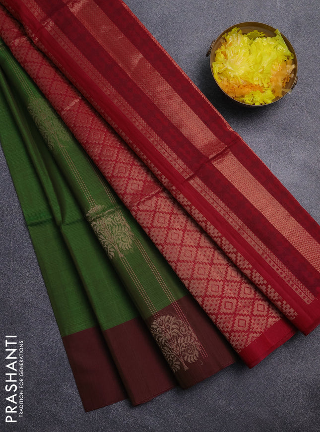 Kora silk cotton saree light green and maroon with thread stripe pattern & zari woven buttas and zari woven butta border