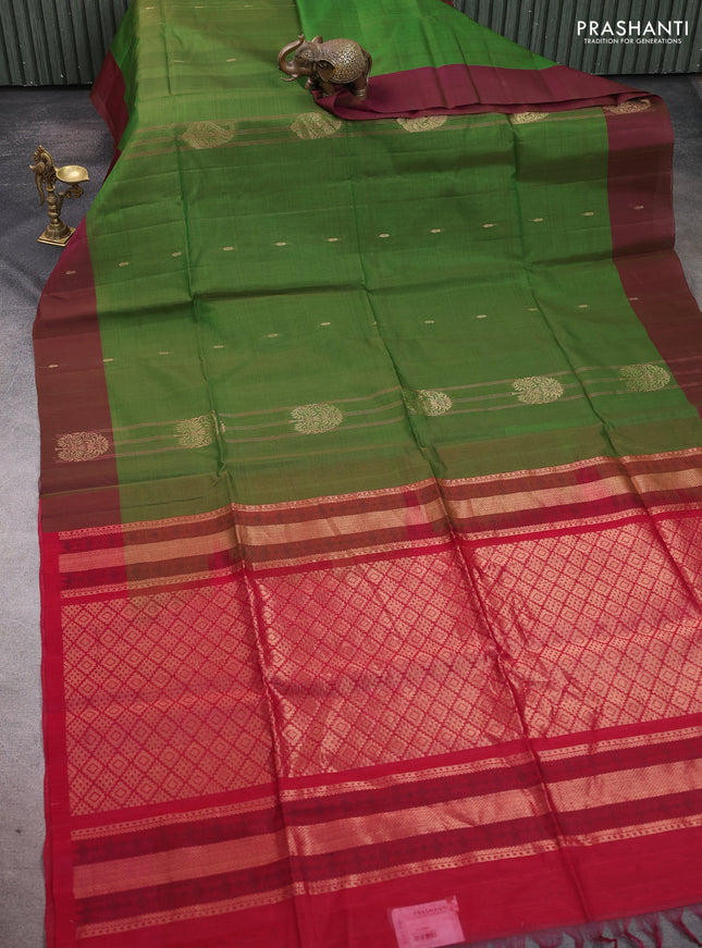 Kora silk cotton saree light green and maroon with thread stripe pattern & zari woven buttas and zari woven butta border