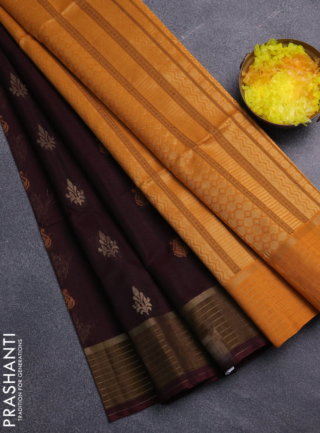 Kora silk cotton saree deep maroon and mustard yellow with allover thread & zari woven buttas and zari woven border