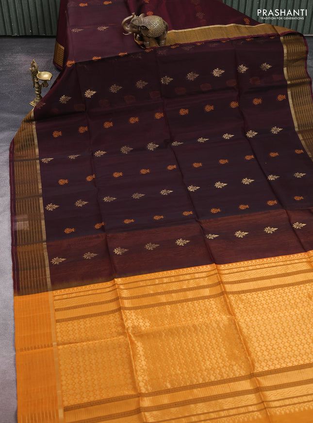 Kora silk cotton saree deep maroon and mustard yellow with allover thread & zari woven buttas and zari woven border