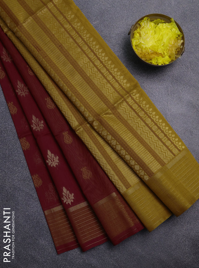 Kora silk cotton saree deep maroon and dark mustard with thread & zari woven buttas and zari woven border