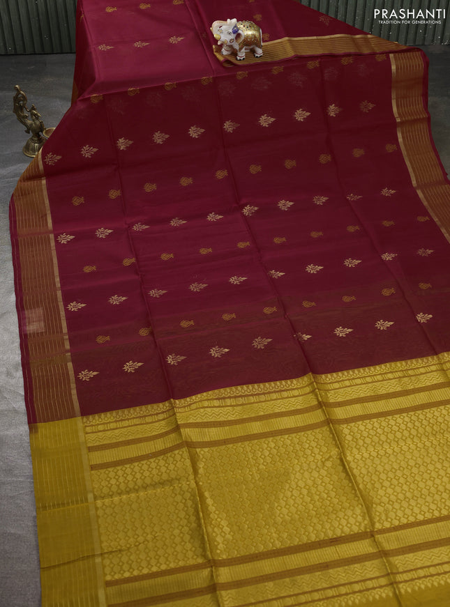 Kora silk cotton saree deep maroon and dark mustard with thread & zari woven buttas and zari woven border