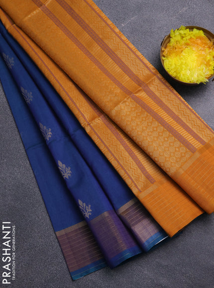 Kora silk cotton saree peacock blue and mustard yellow with thread & zari woven buttas and zari woven border