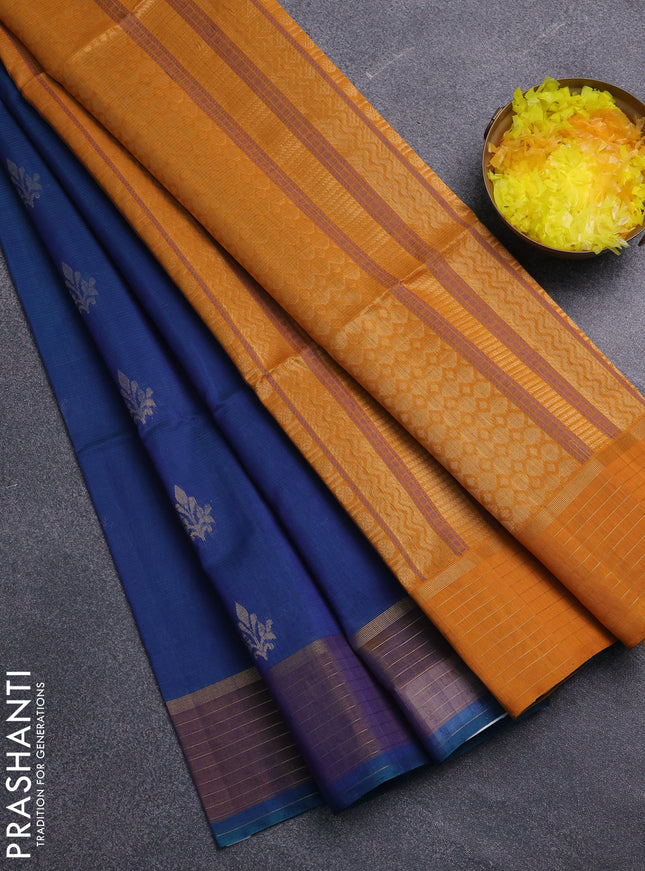 Kora silk cotton saree peacock blue and mustard yellow with thread & zari woven buttas and zari woven border