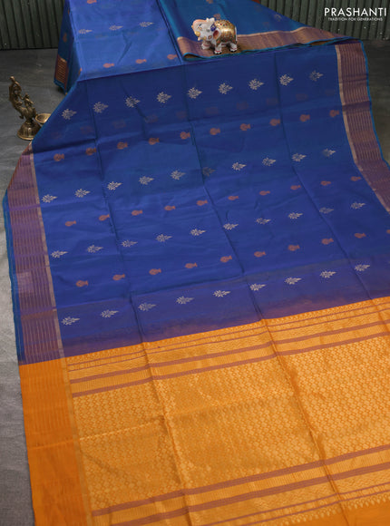 Kora silk cotton saree peacock blue and mustard yellow with thread & zari woven buttas and zari woven border