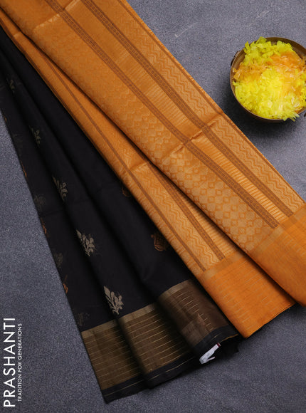 Kora silk cotton saree black and mustard yellow with thread & zari woven buttas and zari woven border