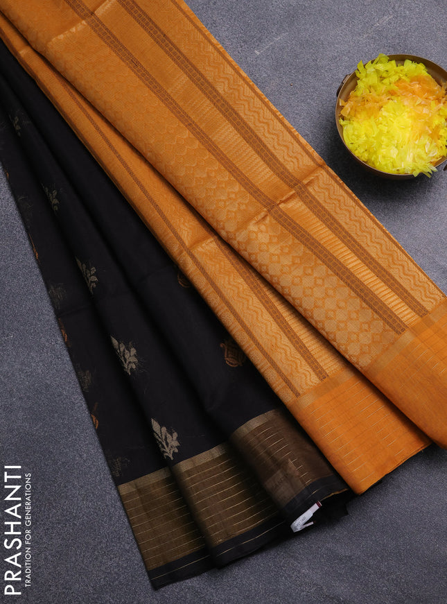 Kora silk cotton saree black and mustard yellow with thread & zari woven buttas and zari woven border