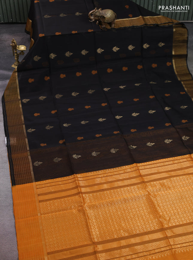 Kora silk cotton saree black and mustard yellow with thread & zari woven buttas and zari woven border