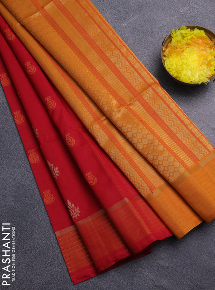Kora silk cotton saree red and mustard yellow with thread & zari woven buttas and zari woven border