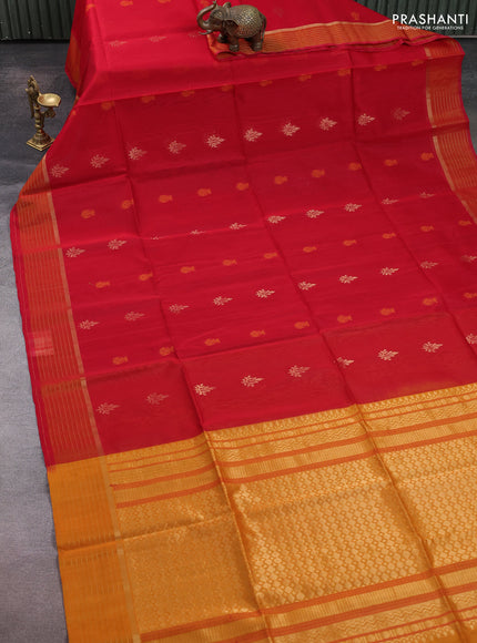 Kora silk cotton saree red and mustard yellow with thread & zari woven buttas and zari woven border