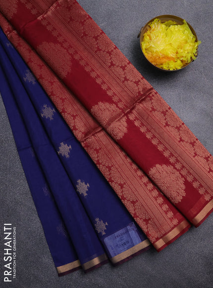 Kora silk cotton saree blue and maroon with zari woven buttas and zari woven border