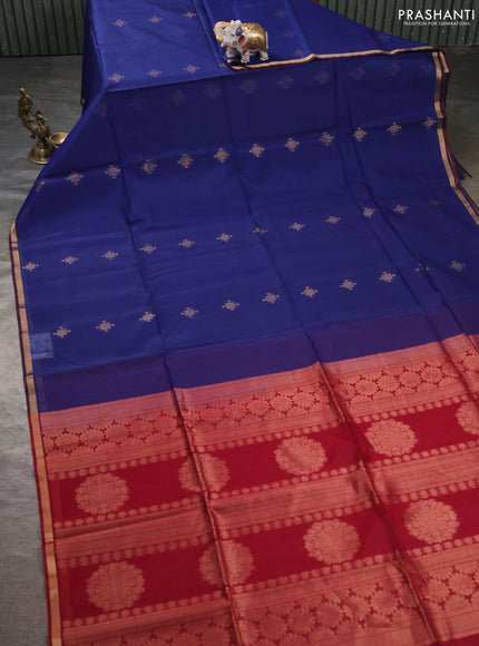 Kora silk cotton saree blue and maroon with zari woven buttas and zari woven border