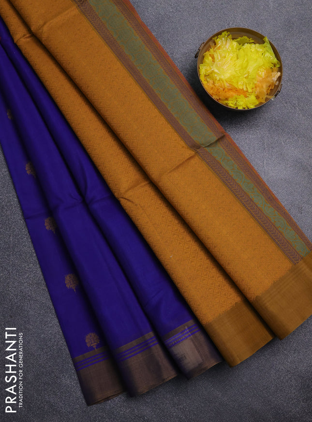 Kora silk cotton saree blue and mustard yellow with thread woven buttas and simple border