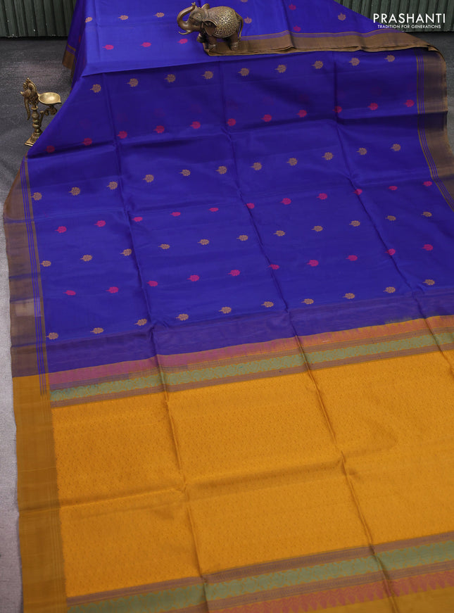 Kora silk cotton saree blue and mustard yellow with thread woven buttas and simple border