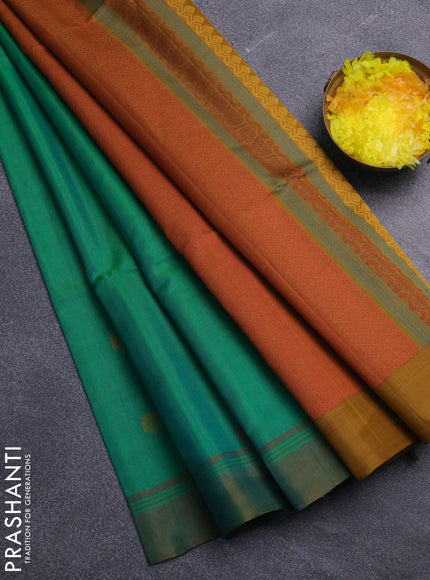 Kora silk cotton saree teal green and dual shade of mustard yellow with thread woven buttas and simple border