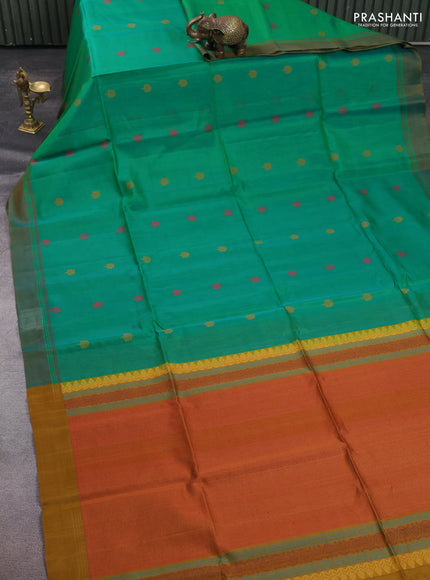 Kora silk cotton saree teal green and dual shade of mustard yellow with thread woven buttas and simple border