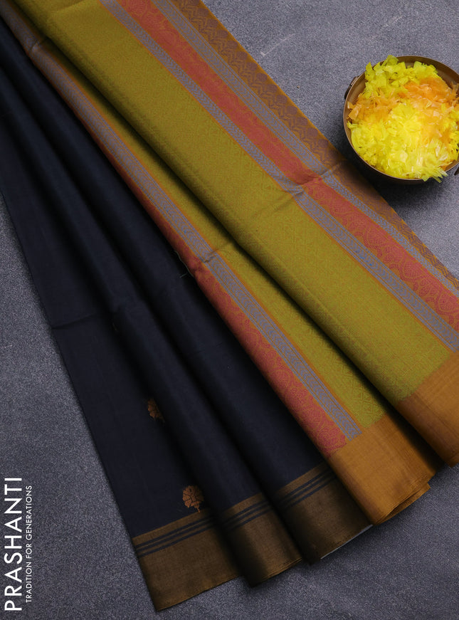 Kora silk cotton saree black and mustard yellow with allover thread woven buttas and simple border