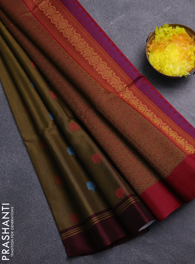 Kora silk cotton saree mehendi green and deep maroon with allover thread woven buttas and simple border