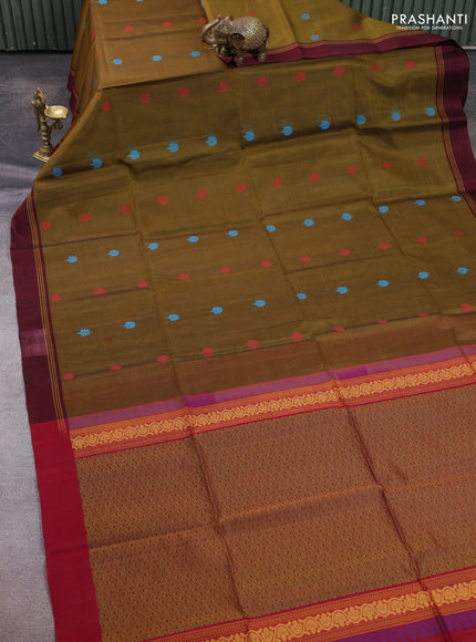 Kora silk cotton saree mehendi green and deep maroon with allover thread woven buttas and simple border