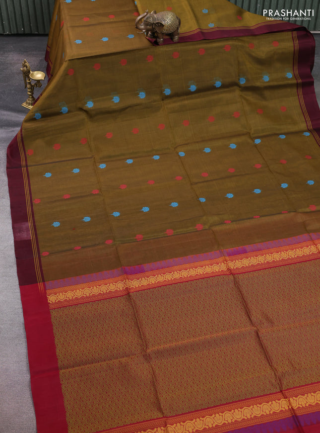 Kora silk cotton saree mehendi green and deep maroon with allover thread woven buttas and simple border