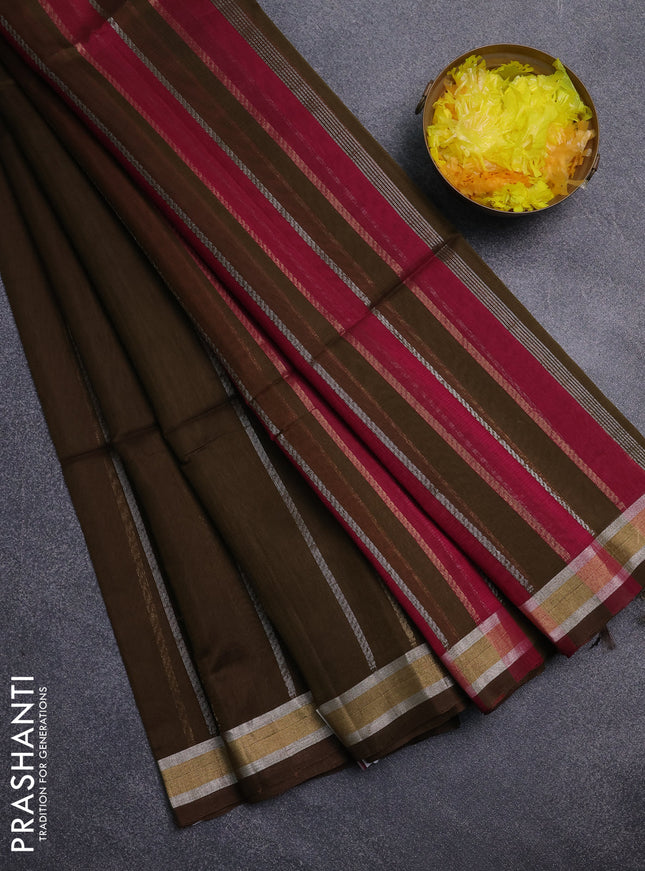 Kora silk cotton saree olive green and pink with allover zari stripe pattern and zari woven border