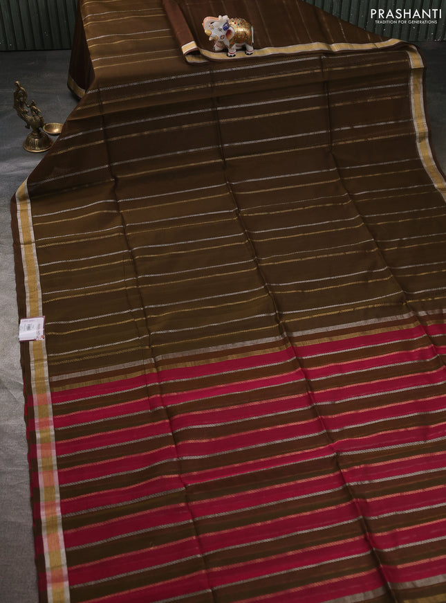 Kora silk cotton saree olive green and pink with allover zari stripe pattern and zari woven border