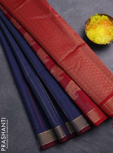 Kora silk cotton saree navy blue and maroon with allover thread & zari stripe pattern and zari woven border