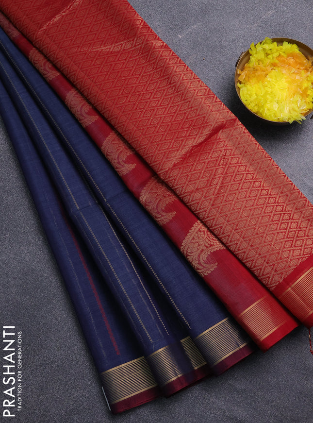 Kora silk cotton saree navy blue and maroon with allover thread & zari stripe pattern and zari woven border