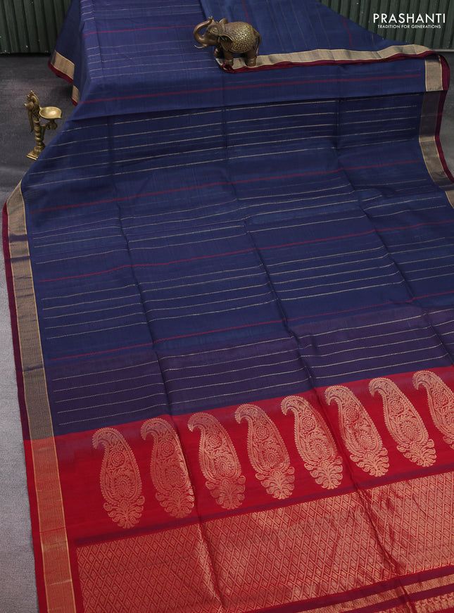 Kora silk cotton saree navy blue and maroon with allover thread & zari stripe pattern and zari woven border