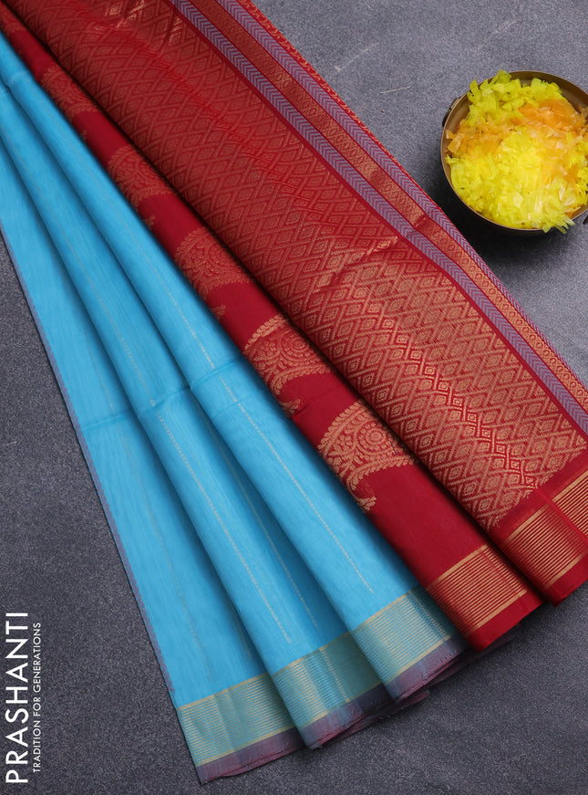 Kora silk cotton saree cs blue and maroon with allover thread & zari stripe pattern and zari woven border