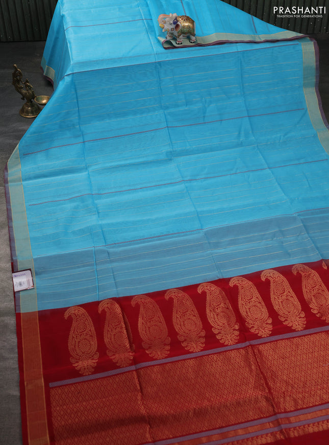 Kora silk cotton saree cs blue and maroon with allover thread & zari stripe pattern and zari woven border