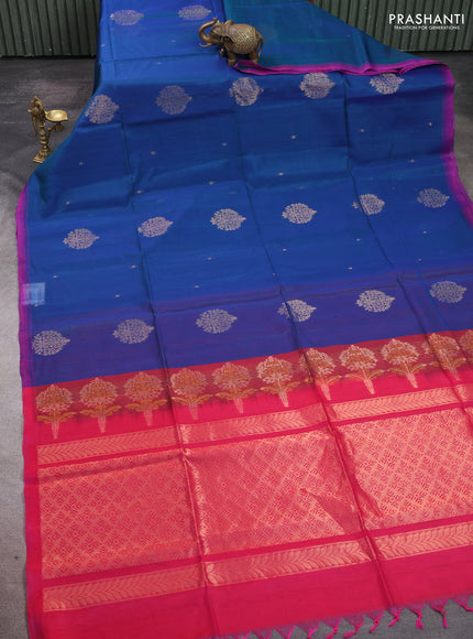 Kora silk cotton saree dual shade of bluish green and pink with zari woven buttas and simple border