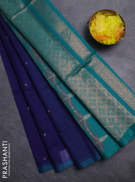 Kora silk cotton saree navy blue and teal green with zari woven buttas and simple border