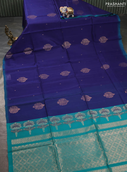 Kora silk cotton saree navy blue and teal green with zari woven buttas and simple border