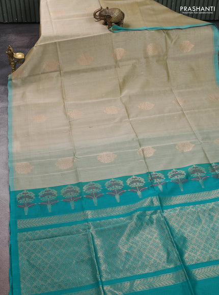 Kora silk cotton saree beige and teal green with zari woven buttas and simple border