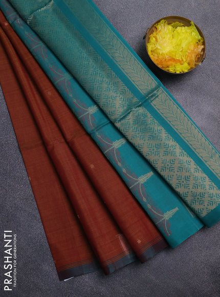 Kora silk cotton saree dark mustard and teal green with zari woven buttas and simple border